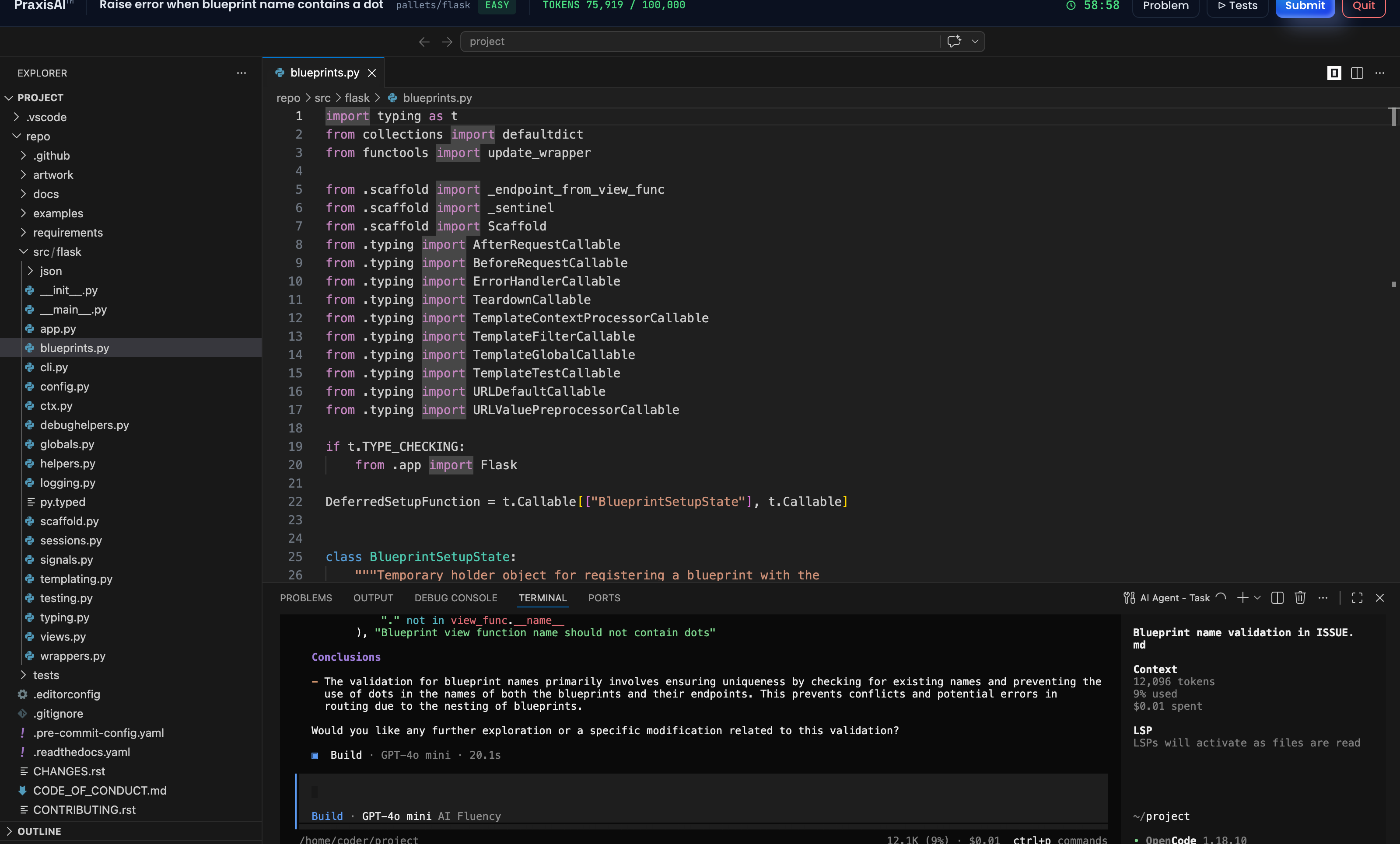 The candidate's workspace: a browser VS Code with the repository, an AI agent chat panel, a countdown timer and a token budget